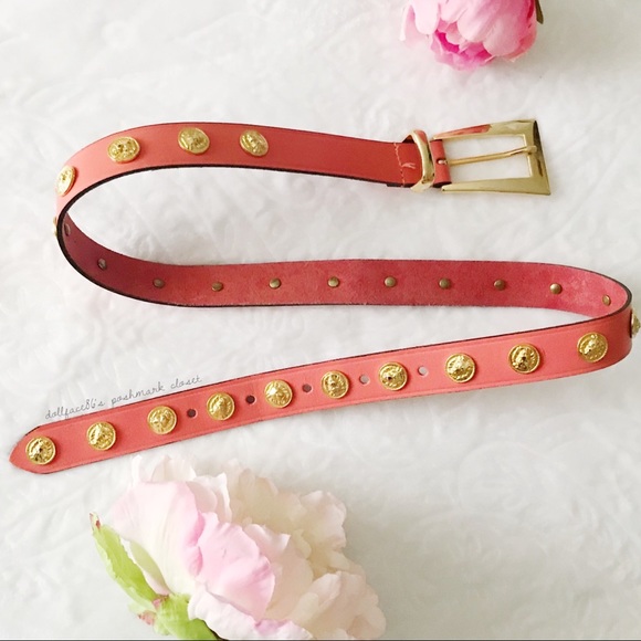 The Limited Accessories - Coral Leather Belt w/Vintage Lion Gold Medallions